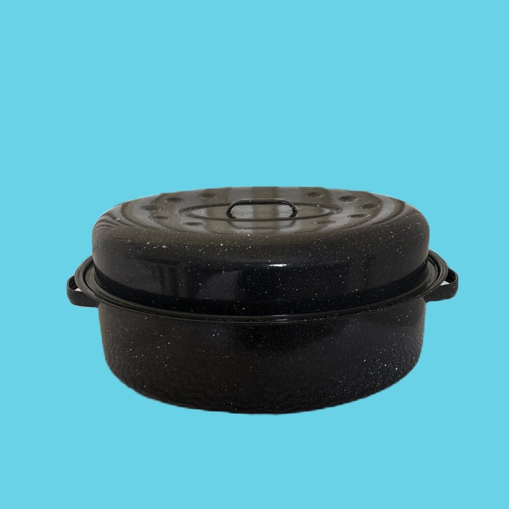 Vintage Black Speckled Enamel Roaster Large